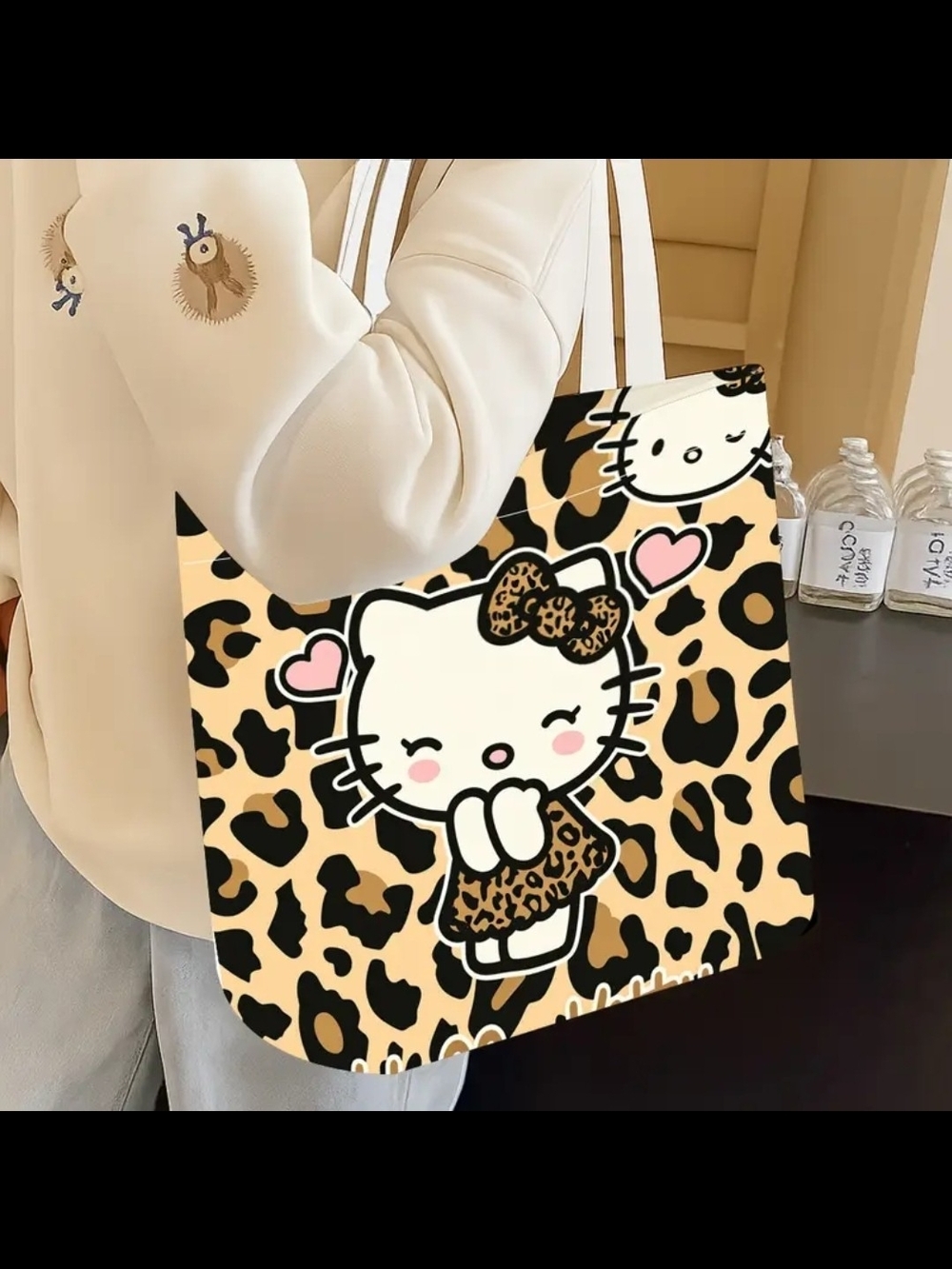 Leopard Hello Kitty Print Tote Bag in Beige and Black